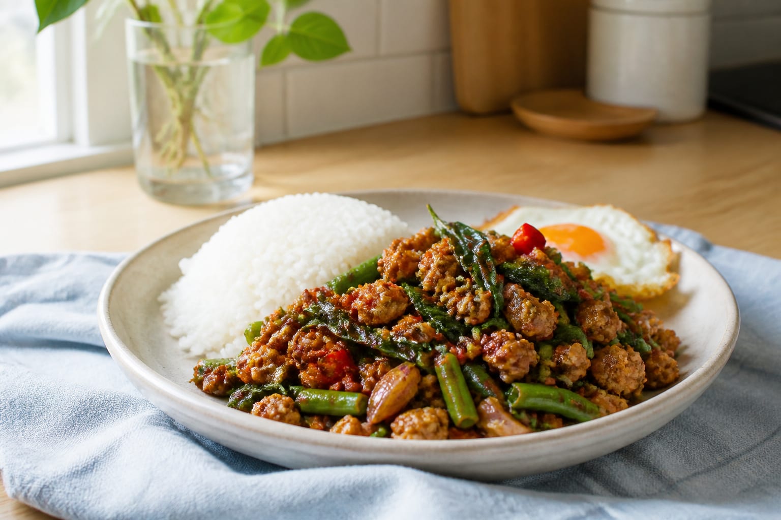 Crumbled browned tofu with green beans, red chile, and wilted basil leaves in a shallow cream bowl under natural light, a lime wedge on the side