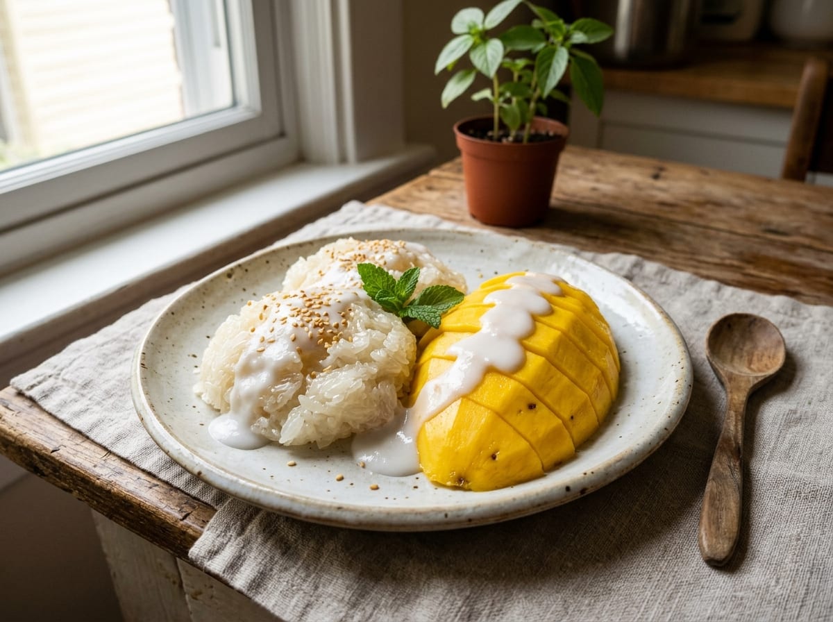 A plate of Thai mango sticky rice with glossy coconut-soaked rice, sliced ripe mango, a salted coconut cream drizzle, and toasted mung beans scattered over the top