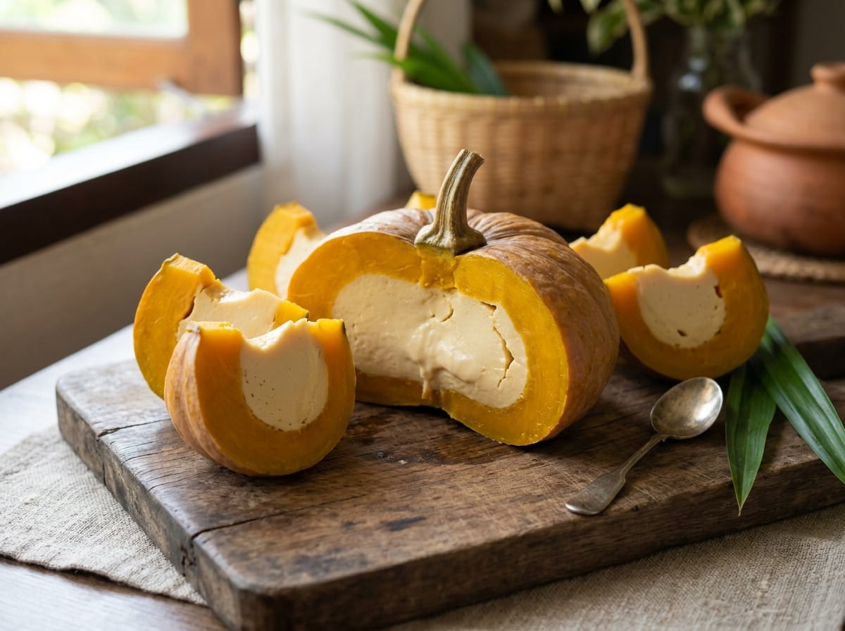 A small pumpkin sliced into wedges, revealing golden coconut custard set inside next to the soft pumpkin flesh, on a plate
