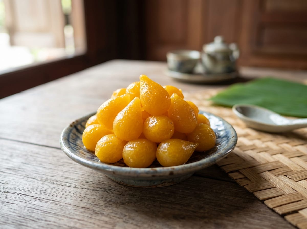 Eine kleine Schale mit glänzenden goldenen thailändischen Thong Yod, tropfenförmigen Eigelbsüßigkeiten mit spitz zulaufendem Schwänzchen, aufgehäuft und schimmernd unter einer leichten Sirupglasur