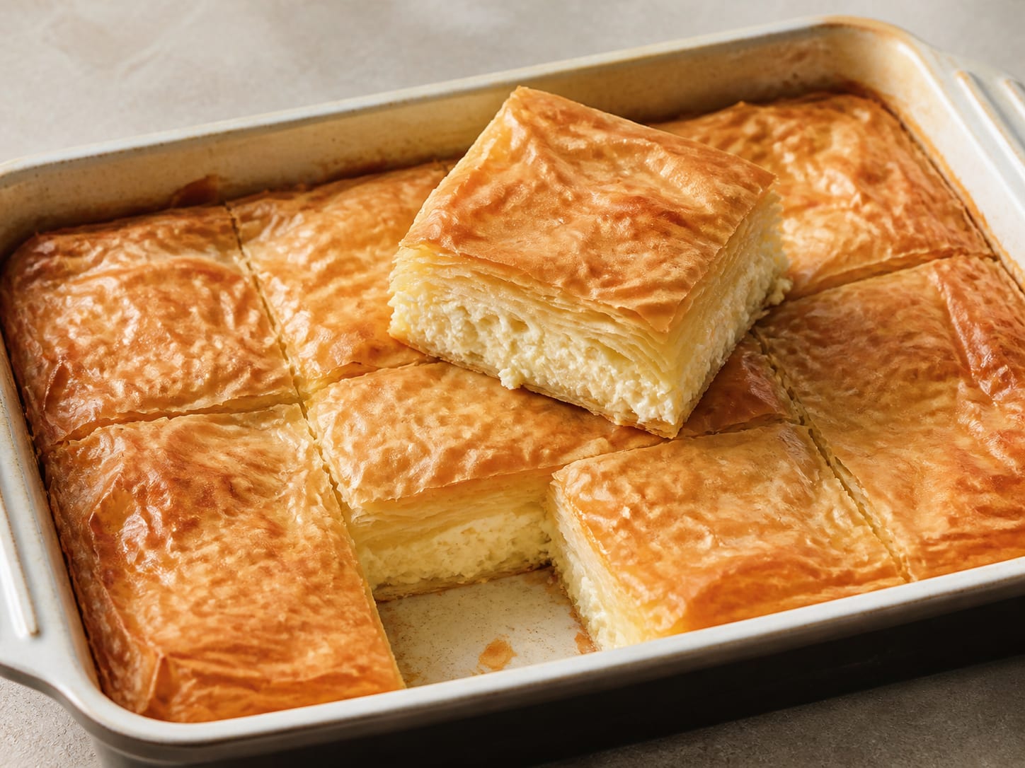 Tiropita: crisp Greek cheese pie served as a natural-light editorial food photograph