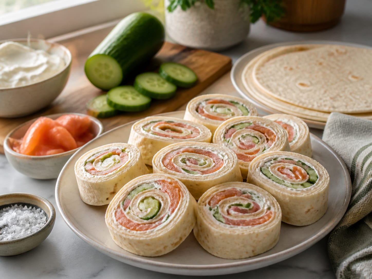 Tortillas mit Räucherlachs und Gurken, zum Servieren angerichtet