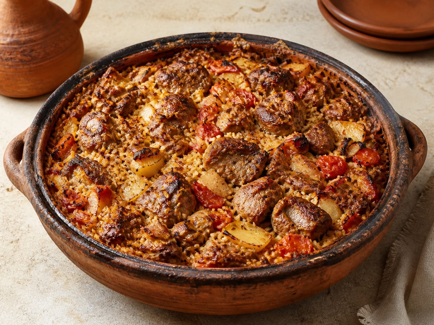 Ttavas Lefkaritikos: Cypriot slow-baked lamb and rice served as a natural-light editorial food photograph