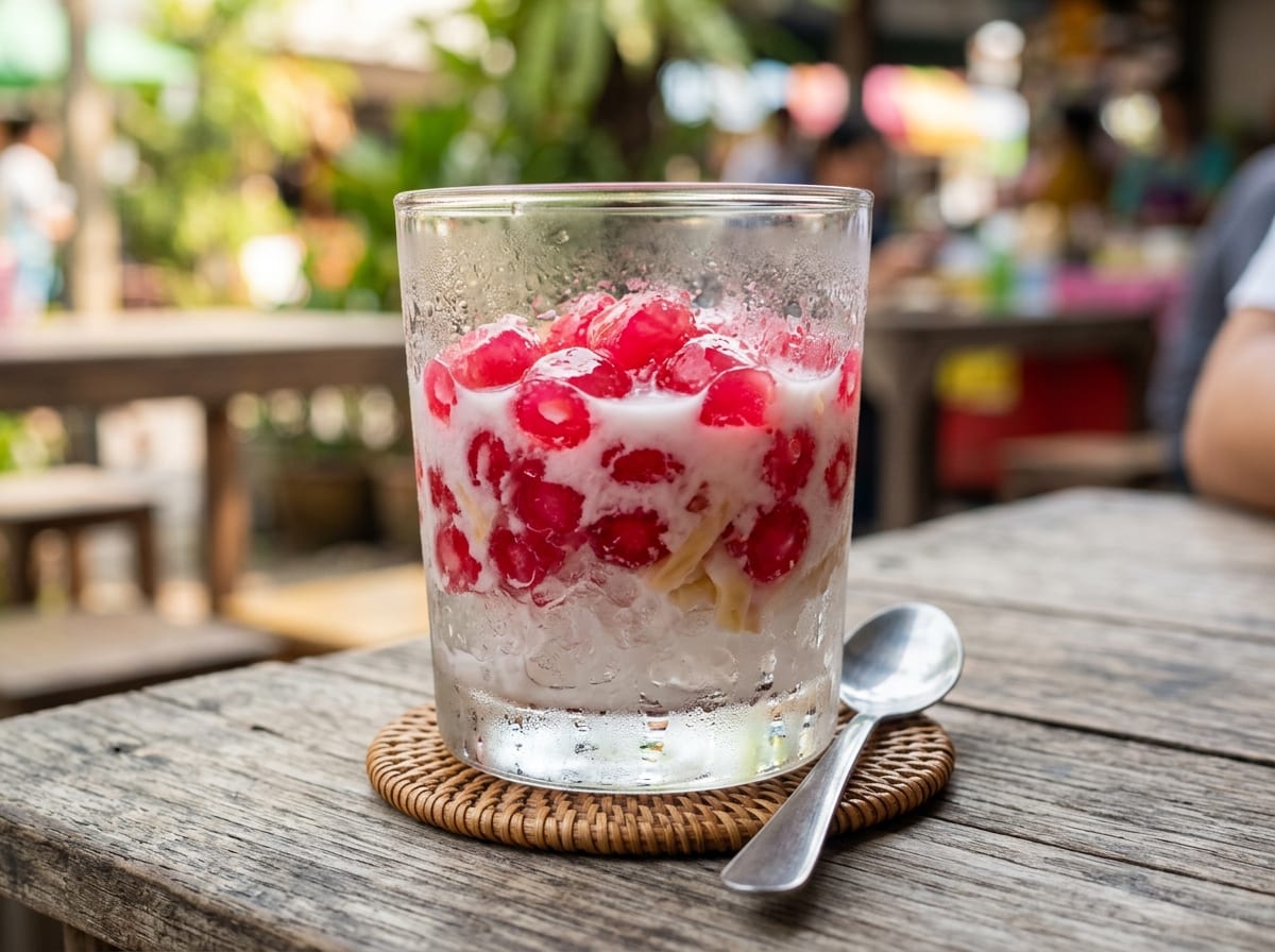A glass bowl of translucent ruby-red tapioca-coated water chestnut cubes floating in white coconut milk over crushed ice