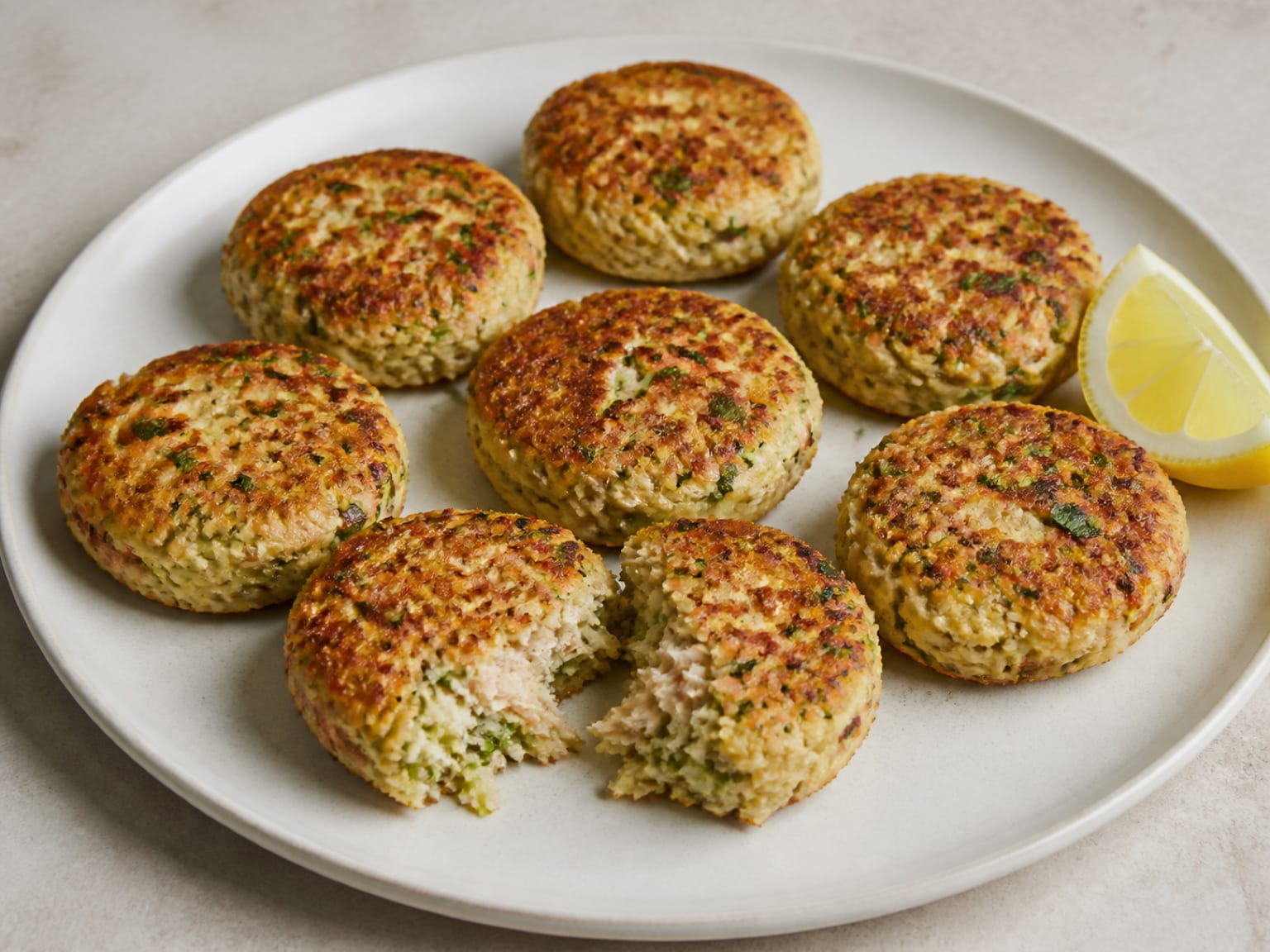 Eight small golden tuna and white bean patties with flecks of parsley and lemon on a plain plate
