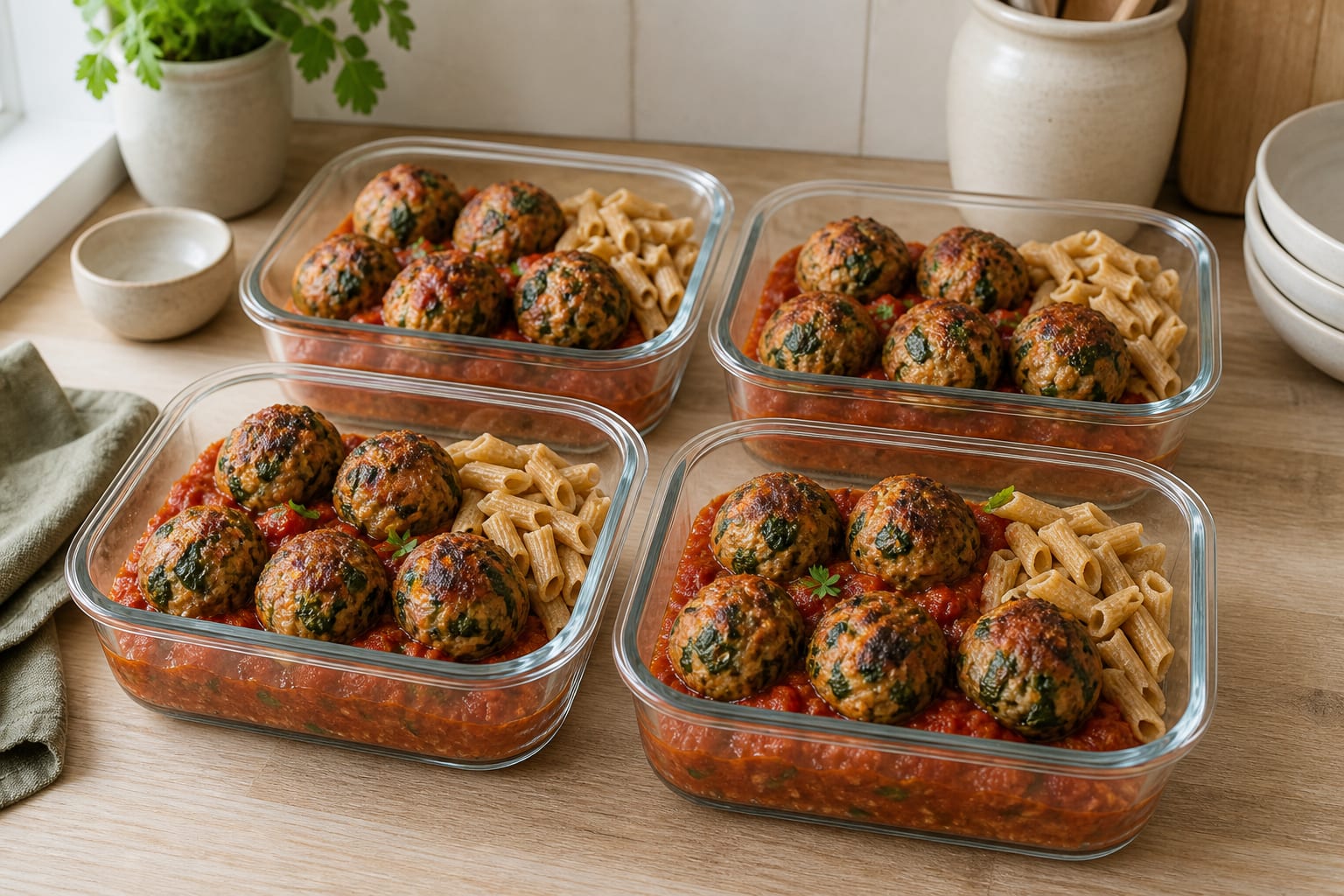 Four glass meal-prep containers holding browned turkey-spinach meatballs in tomato sauce with a modest portion of whole-grain pasta