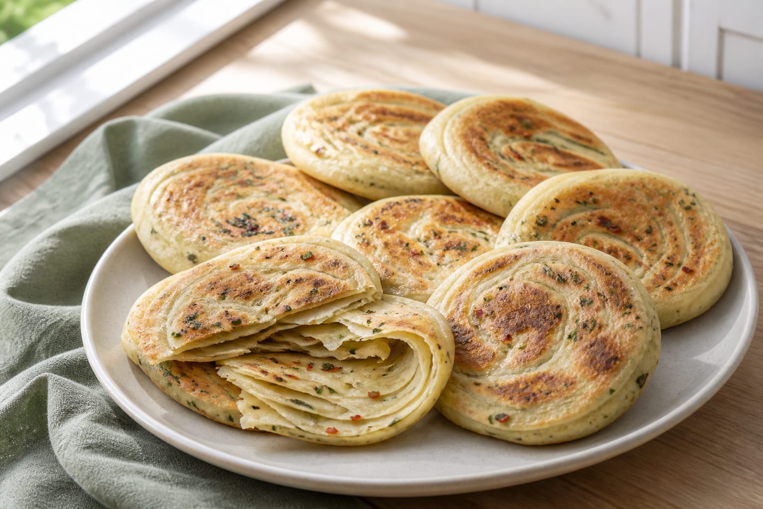 Turkish garlic-herb laminated flatbread served as a natural-light editorial food photograph