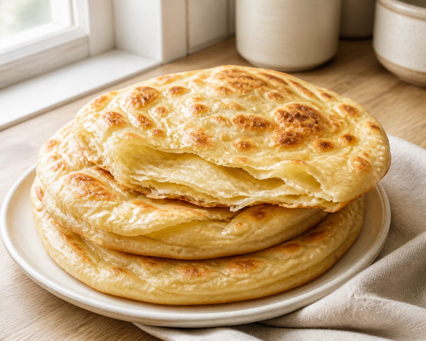 No-yeast Turkish butter pan bread served as a natural-light editorial food photograph