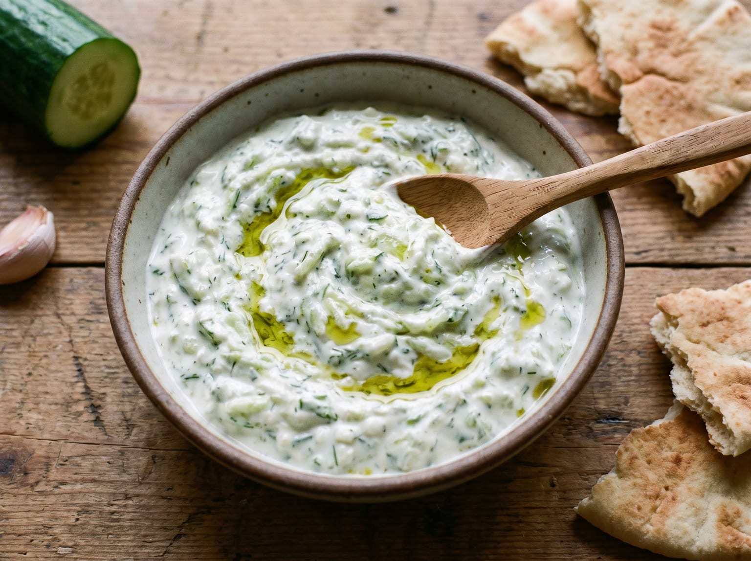 A shallow bowl of very thick white tzatziki with visible grated cucumber and dill, swirled and drizzled with olive oil, with cucumber, garlic and warm pita beside it