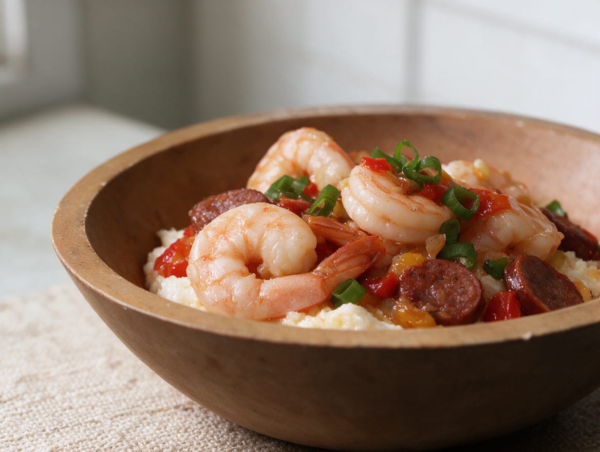 Cremige helle Grits mit rosa Garnelen, gebräunten Wurstscheiben, roter und gelber Paprika, Frühlingszwiebeln und glänzender helloranger Sauce