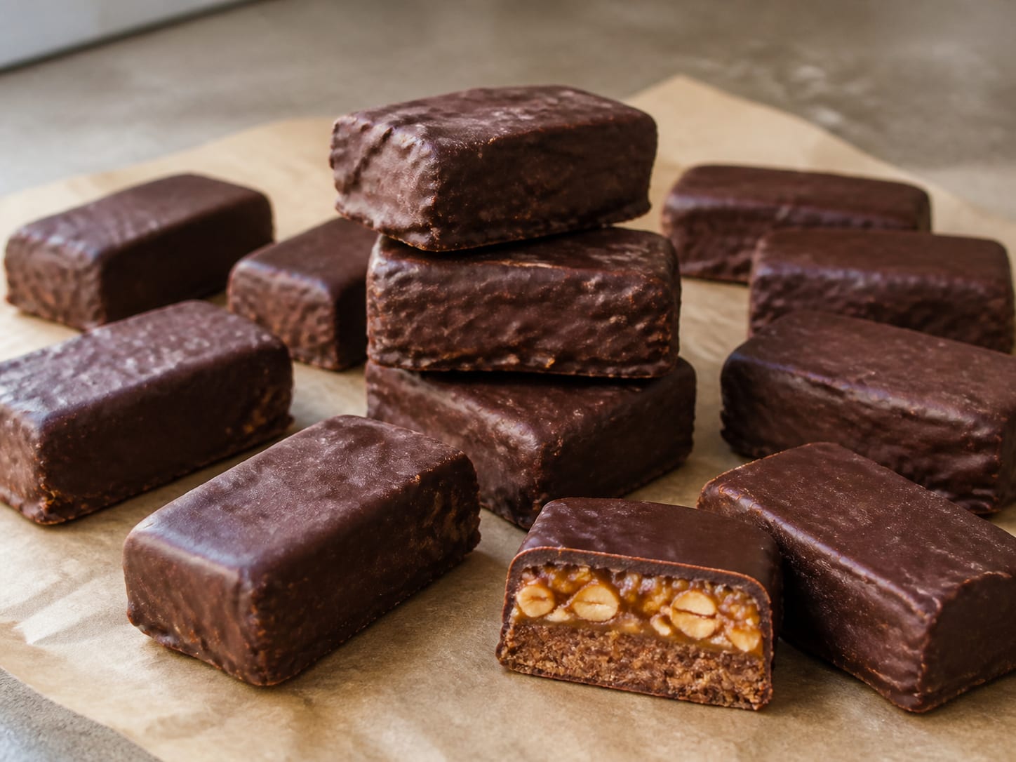 Vegane Snickers-artige Dattelriegel zum Servieren angerichtet