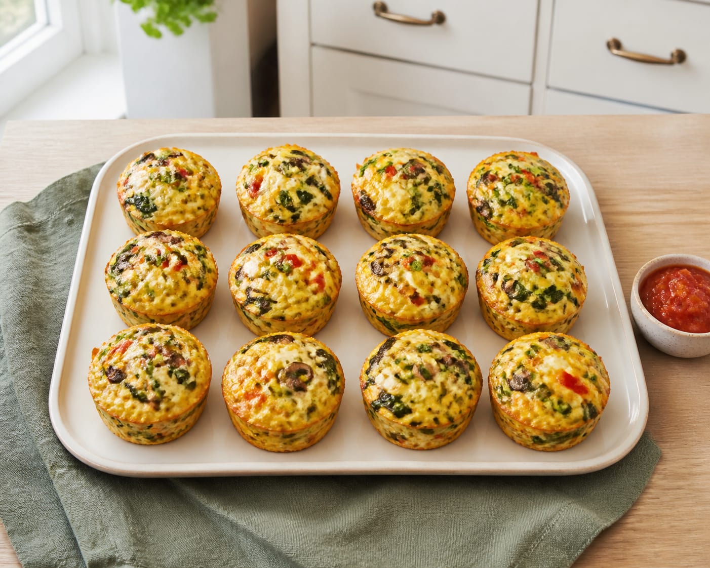 Twelve golden vegetable and cheese egg muffins with visible spinach, red pepper, mushroom, and herbs arranged beside four small meal-prep containers