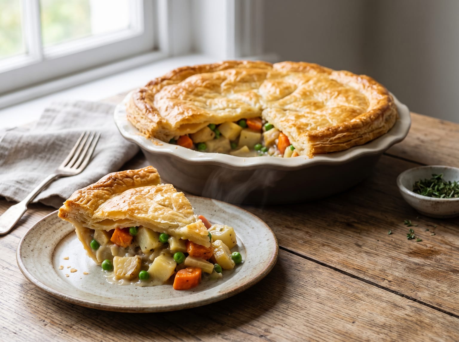 Ein Stück Vegetable Pot Pie mit cremiger Füllung aus Möhren, Kartoffeln und Erbsen unter goldenem Blätterteig