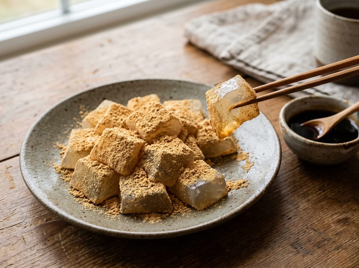 A small bowl of jiggly, translucent warabi mochi cubes dusted heavily in kinako roasted soybean flour, with dark kuromitsu syrup drizzled over the top