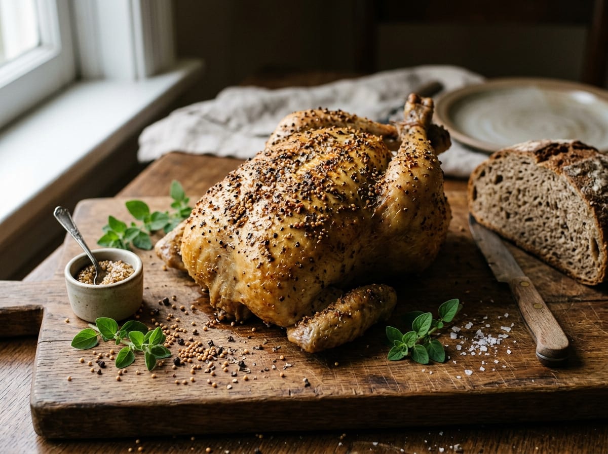 A whole roasted chicken with a coarse mustard-seed crust on a wooden board, scattered mustard seeds and marjoram, with a sliced loaf of rye bread alongside