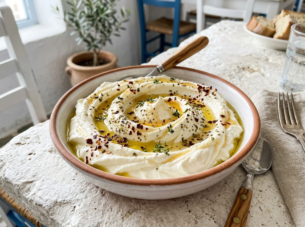 A shallow bowl of pale whipped feta swirled into peaks, drizzled with olive oil and honey and scattered with chilli flakes and oregano