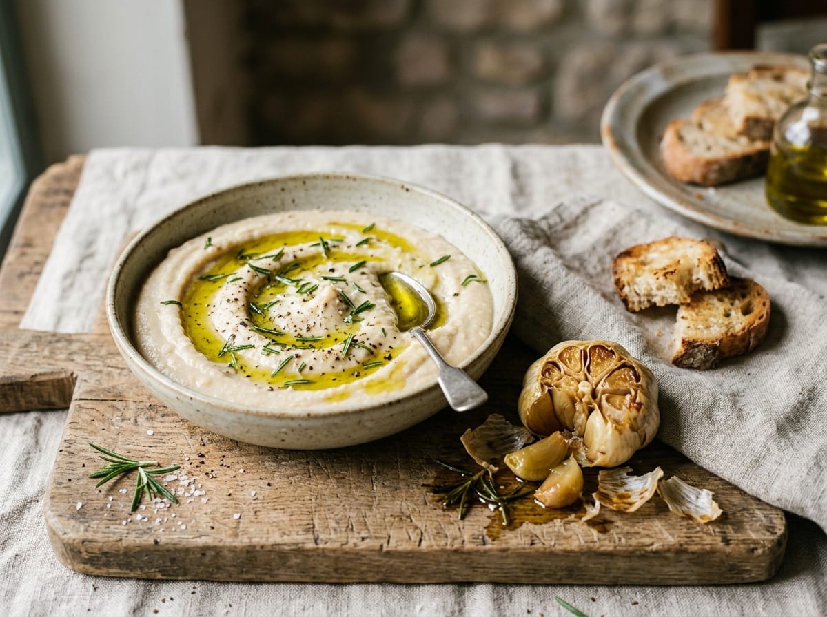 A bowl of pale cream-coloured bean dip swirled with green olive oil and rosemary, beside a roasted head of garlic with cloves squeezed out