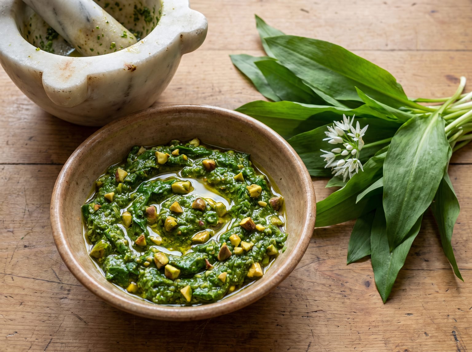 Eine Schale leuchtend grünes Bärlauchpesto mit grober, gestoßener Textur und sichtbaren gehackten Pistazien, Öl an der Oberfläche, daneben ein Mörser und Bärlauchblätter