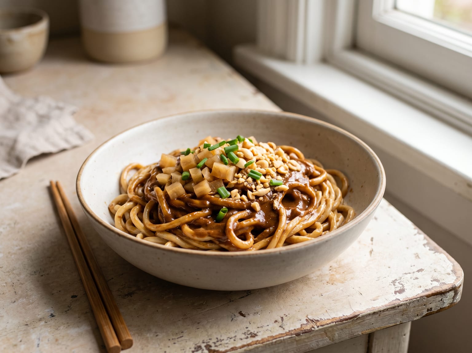 A bowl of Wuhan hot dry noodles tossed in a glossy sesame sauce with pickled radish and peanuts on top