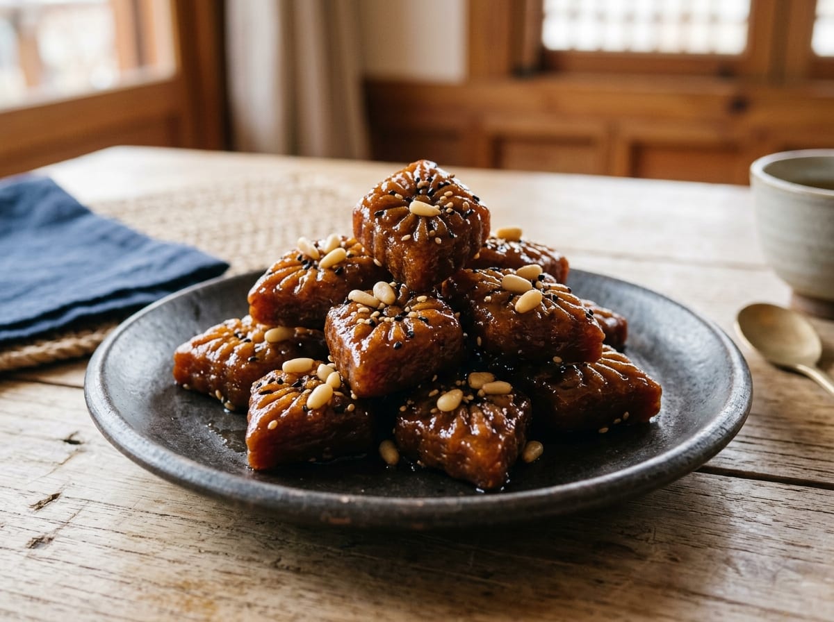 A stack of dark amber, diamond-shaped yakgwa cookies glazed and glistening with honey syrup, one broken open to show the pale, flaky layered crumb inside, on a dark plate with a small dish of ginger-honey syrup alongside