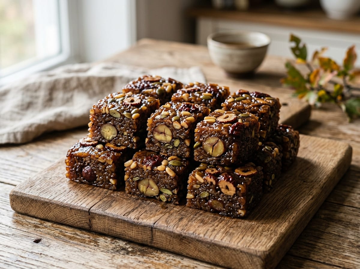 Eine Form mit dunklem, mahagonibraunem koreanischem Yaksik-Reiskuchen, gespickt mit Maronen, Jujube-Datteln und Pinienkernen, in glänzende Quadrate geschnitten