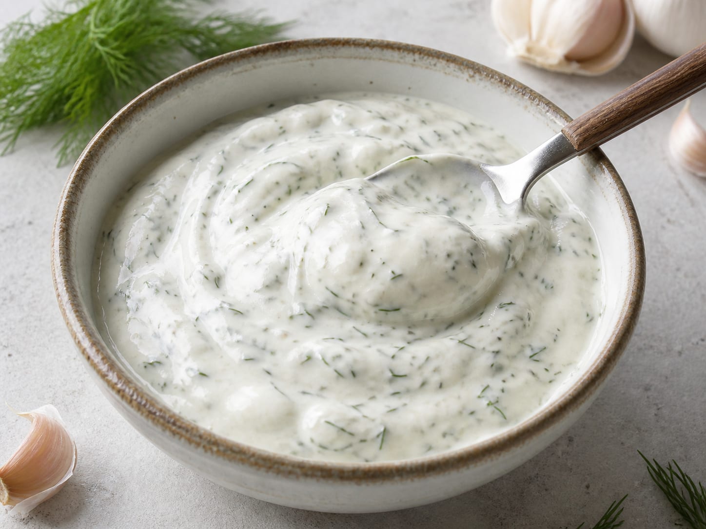 Eine Schüssel mit dicker weißer Joghurtsauce, stark gefleckt mit frischem Dill und schwarzem Pfeffer