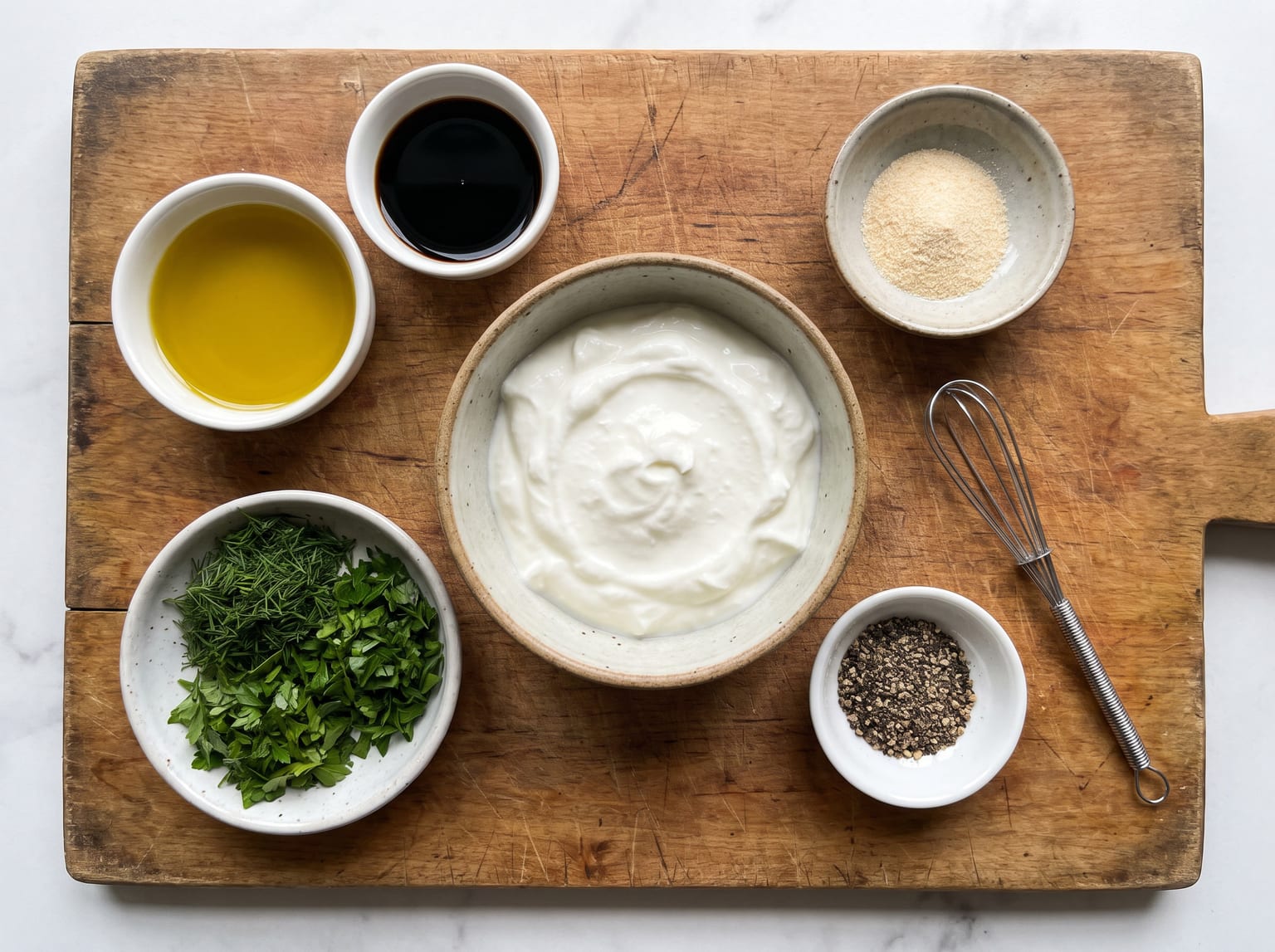 An overhead flat lay of dressing components on a board, a bowl of thick Greek yogurt in the centre with small bowls of oil, vinegar, herbs, garlic powder and pepper around it