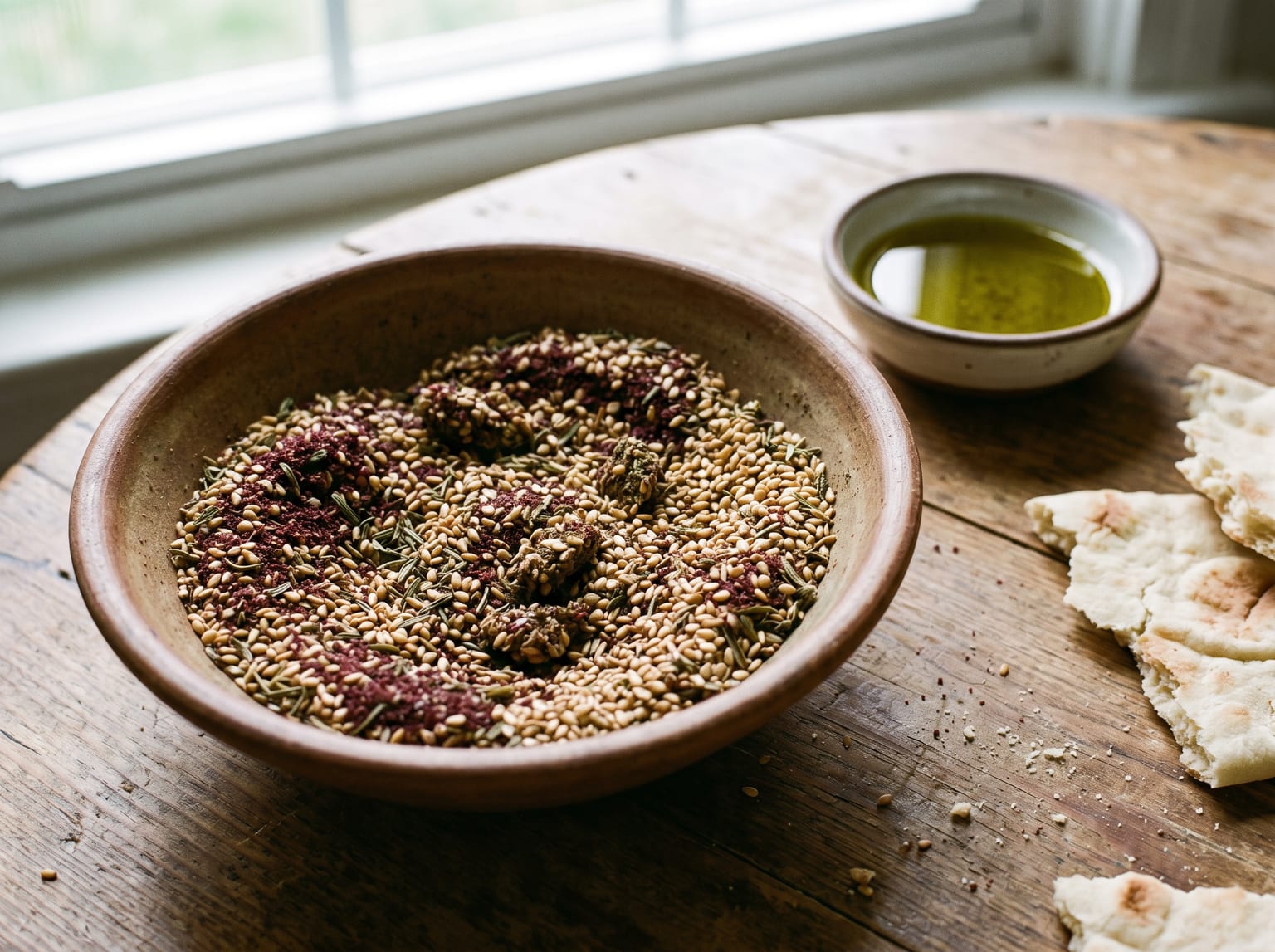 Eine Schale Za'atar mit hellem geröstetem Sesam, tiefrotem Sumach und getrocknetem grünem Thymian als unterscheidbare Zutaten, daneben Olivenöl und Fladenbrot
