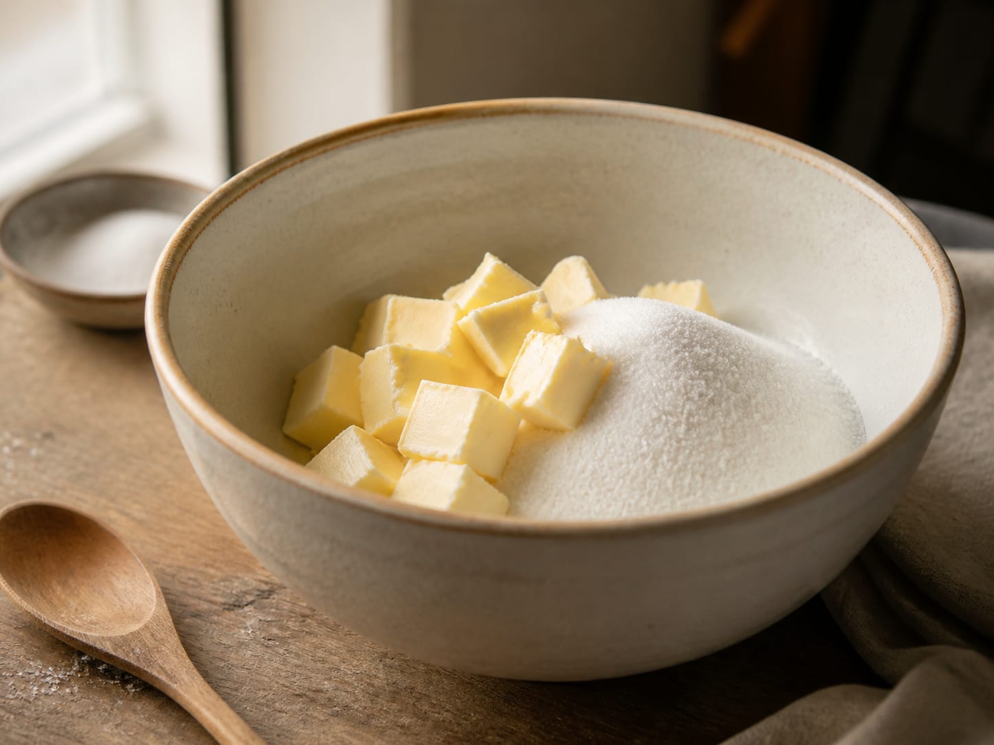 Butter und Zucker, bereit zum Cremigrühren