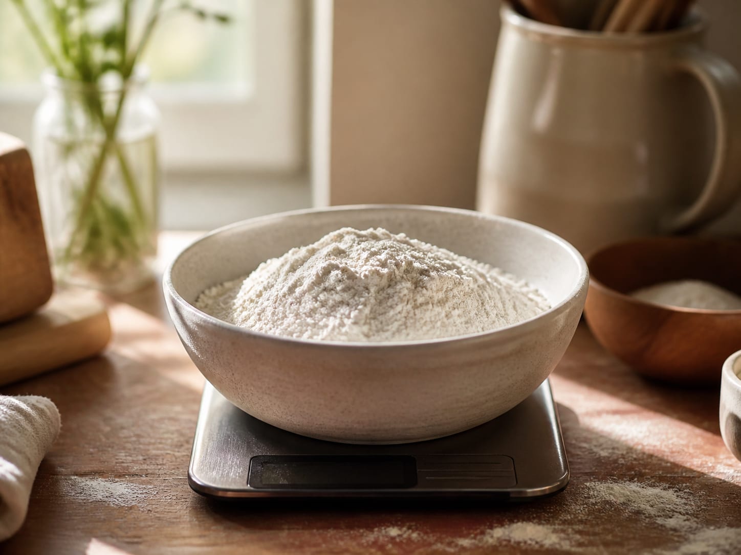 Flour being weighed on a kitchen scale