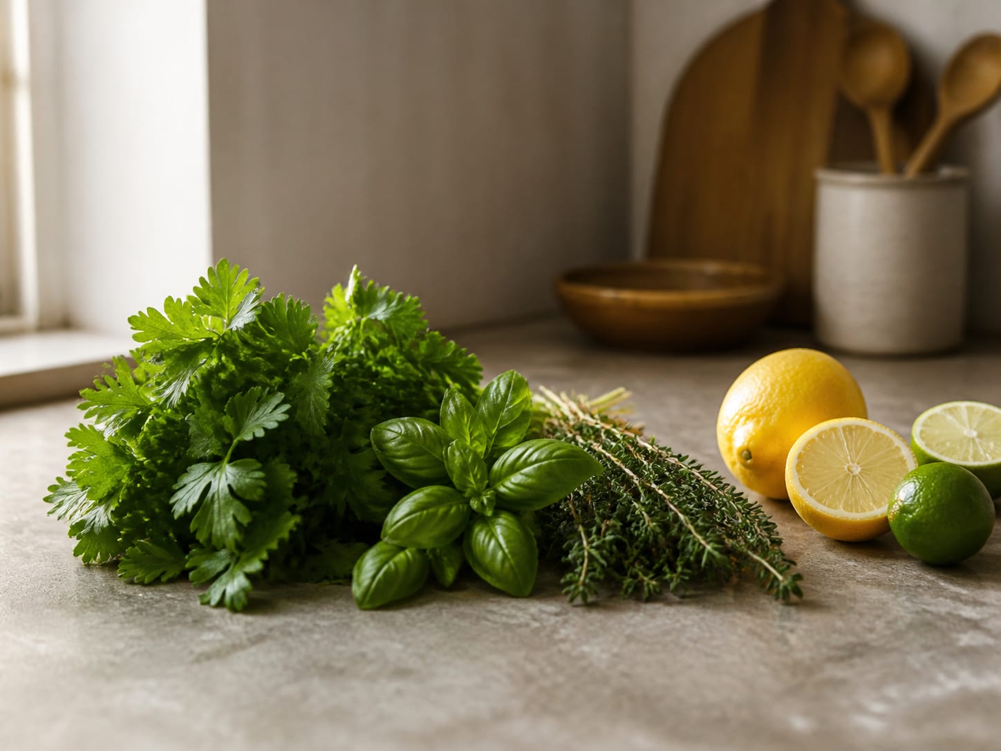 Fresh herbs with lemon and lime