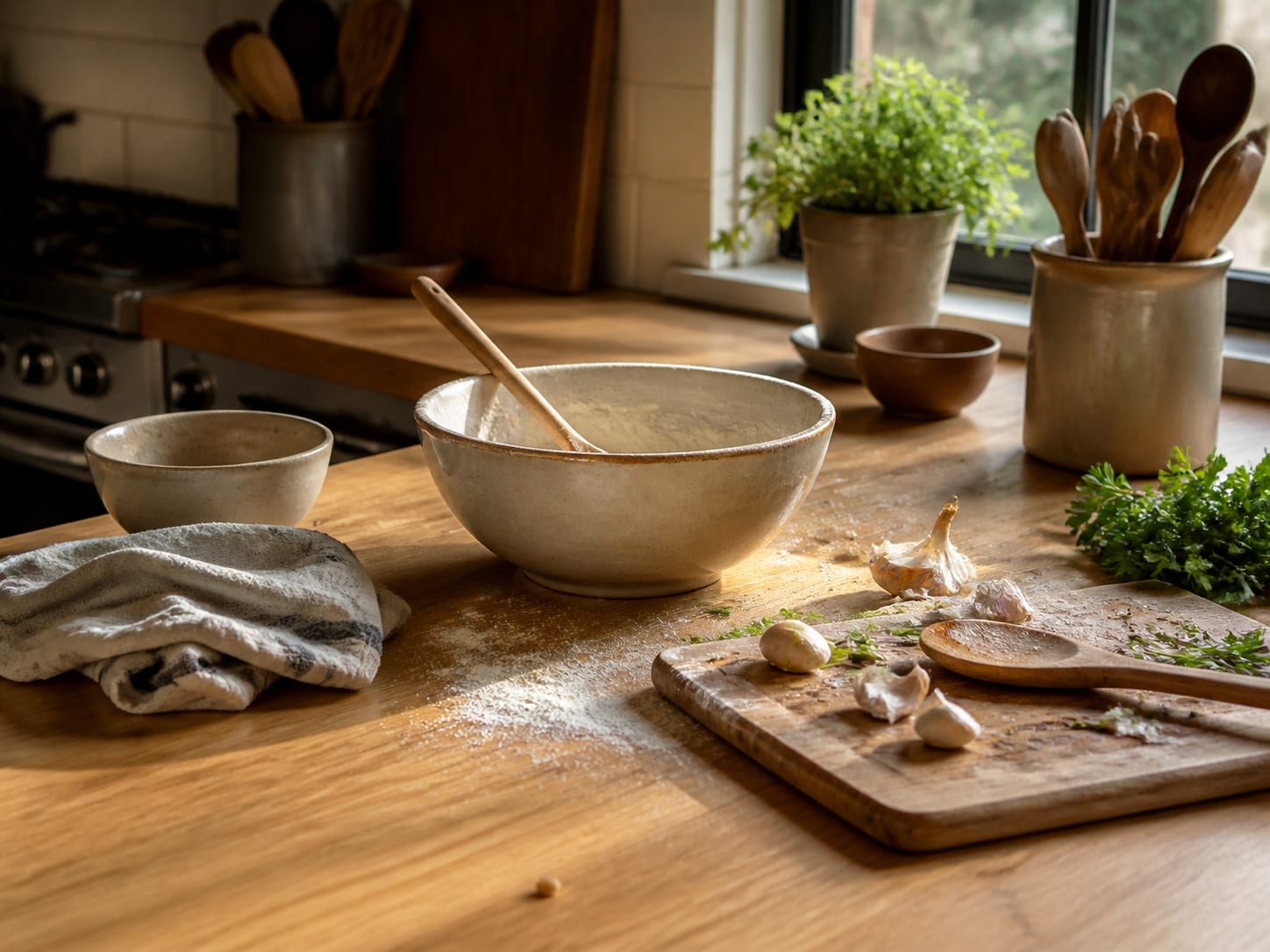 A busy kitchen mid-recipe